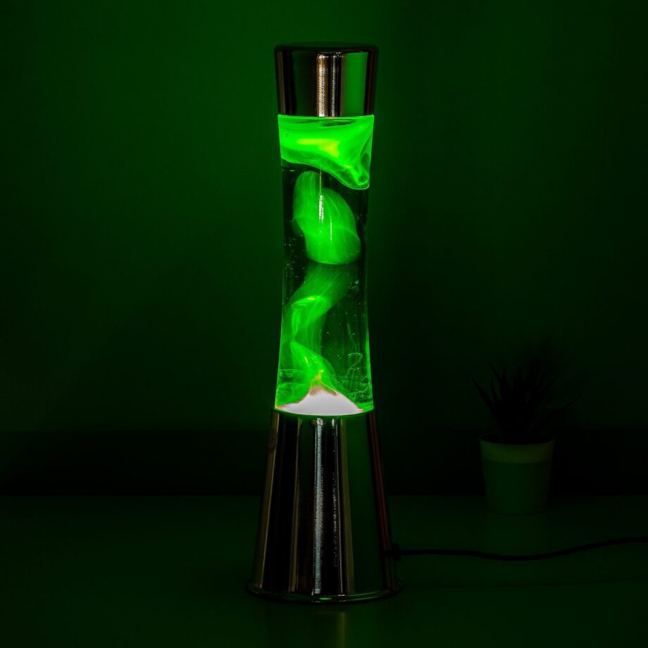 Lavalamp zilver met groene vloeistof en gele lava